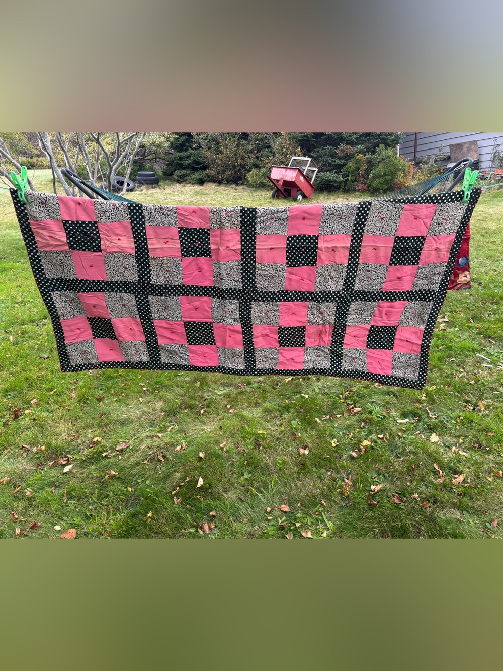 Handmade Pink and Black Patchwork Quilt /reversible to red floral-